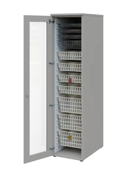 EUROMEDICA S - 46 skříň léková boxová, 1-dveřová/prosklená, levá, 1950x460x735, korpus šedý, dvířka šedá